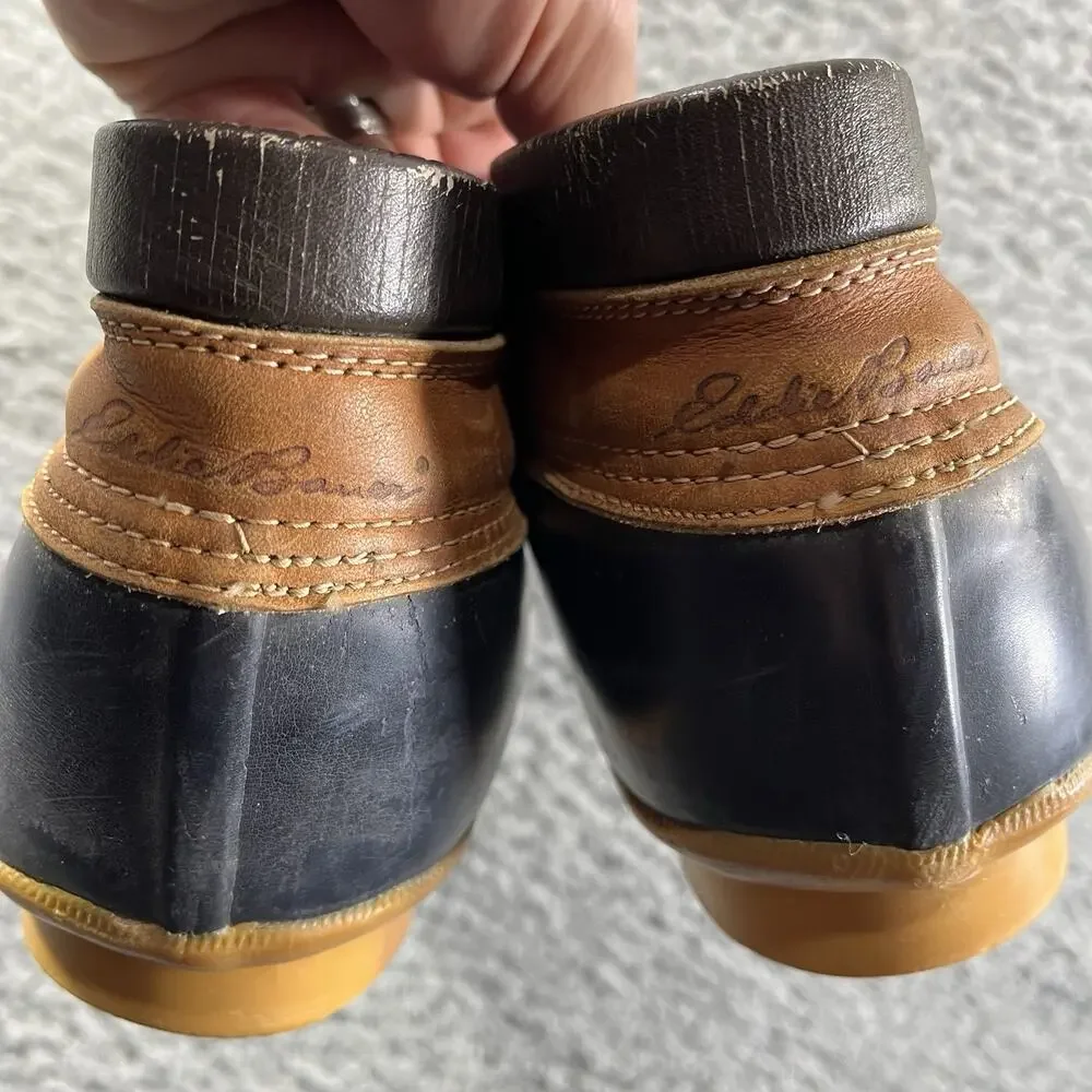 Eddie Bauer Men's Duck Boots Brown Leather Navy Rubber Waterproof Size 13
